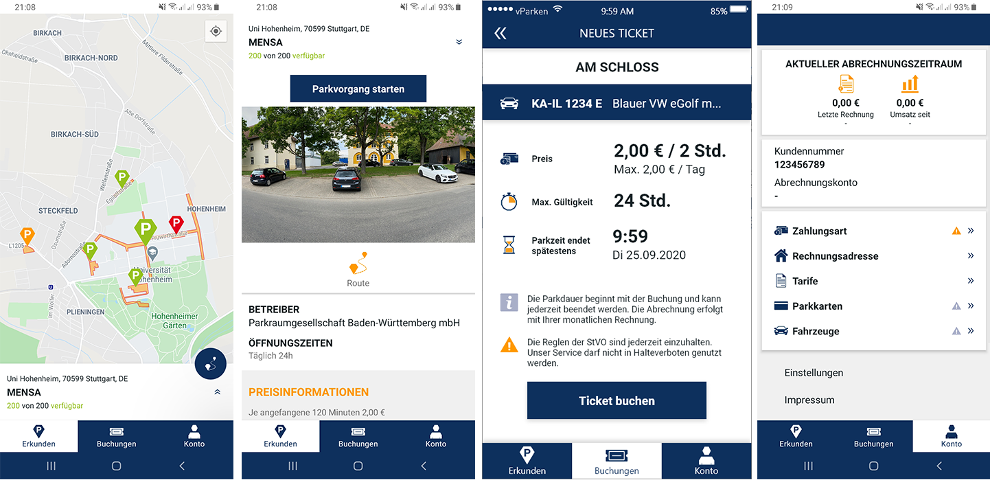 Vier Screenshots der App im Betrieb.