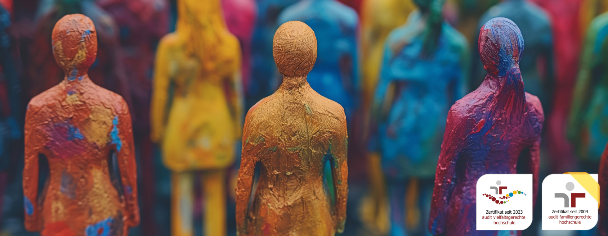 Bunte Figuren aus verschiedenen Materialien stehen dicht beieinander. Unten rechts sind zwei Zertifikate sichtbar: 'Zertifikat seit 2023 audit vielfaltsgerechte hochschule' und 'Zertifikat seit 2004 audit familiengerechte hochschule'.
